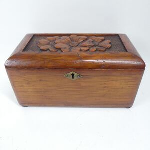 Handmade Wooden Box w/Carved Flowers Lid Vintage 9.5x5x5 NEEDS REPAIR